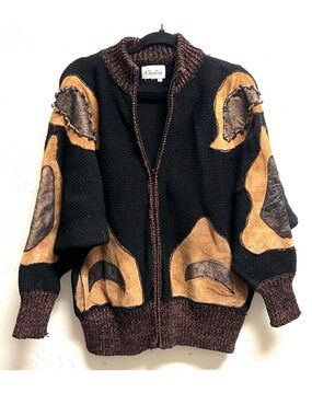 Vintage 80’s Christine Funky Zip Up Cardigan Sweater Black Brown Tan Size L